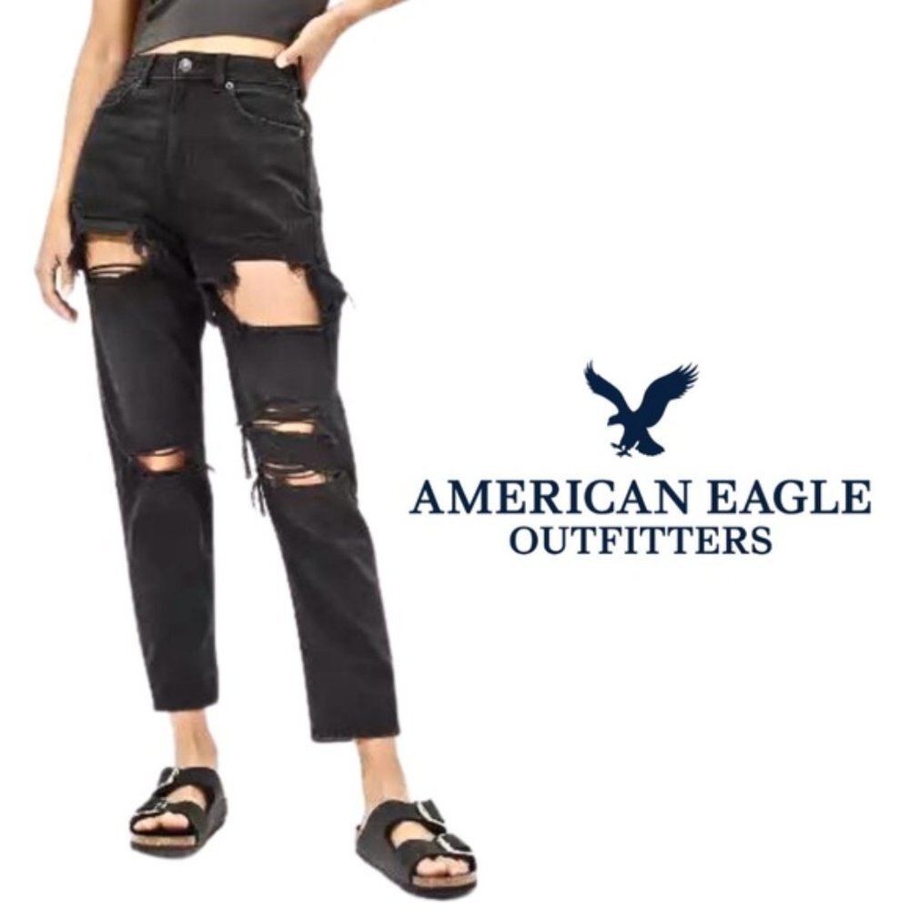 American Eagle Outfitters AE Ripped Mom Jean - Destroyed Black - Size 6 X-Long - Picture 1 of 15